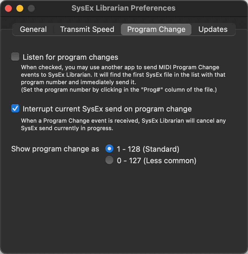 SysEx Librarian Preferences Program Change Pane